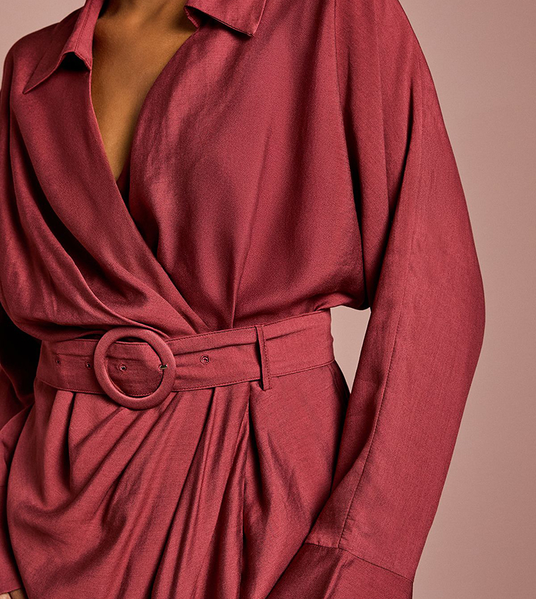 Petite Twill Long Sleeves Wrap Maxi Dress