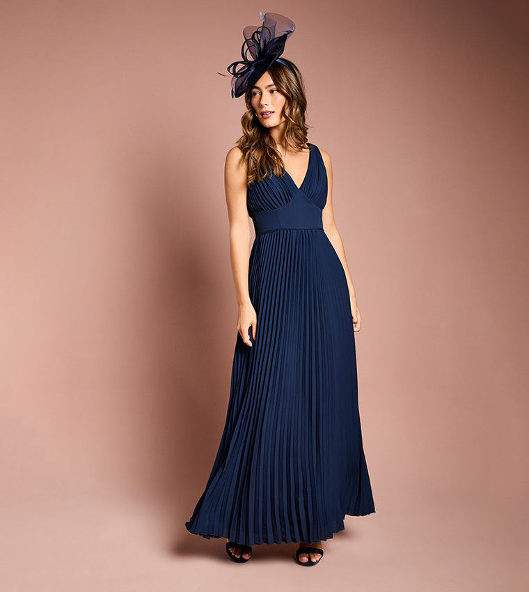Pleated Plunge Neck Midi Dress
