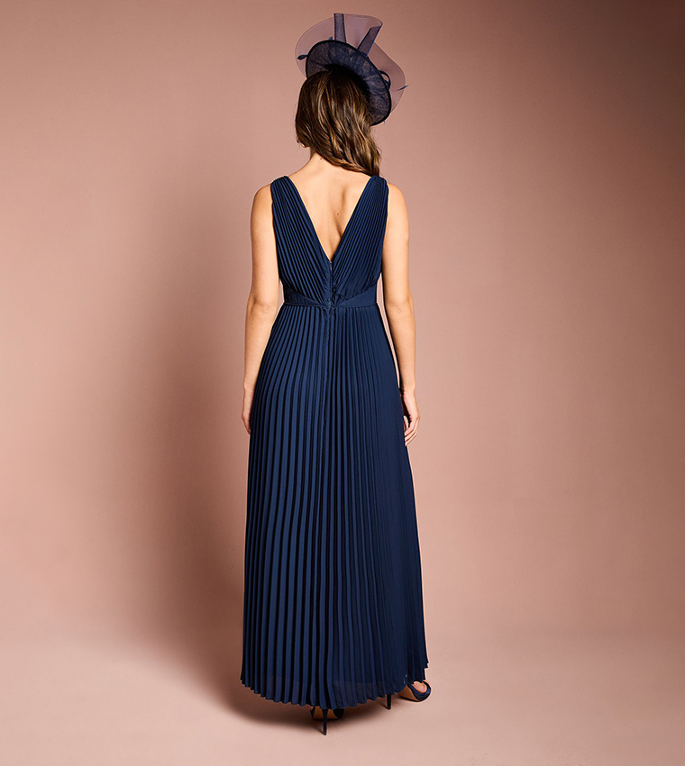 Pleated Plunge Neck Midi Dress