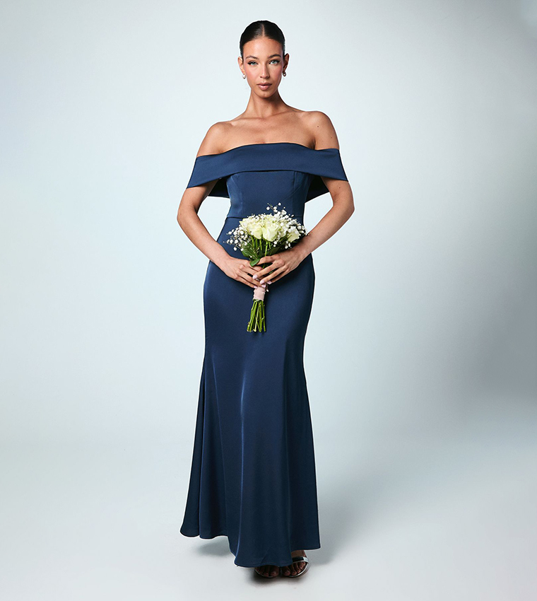 Off Shoulder Satin Maxi Bridesmaid Dress
