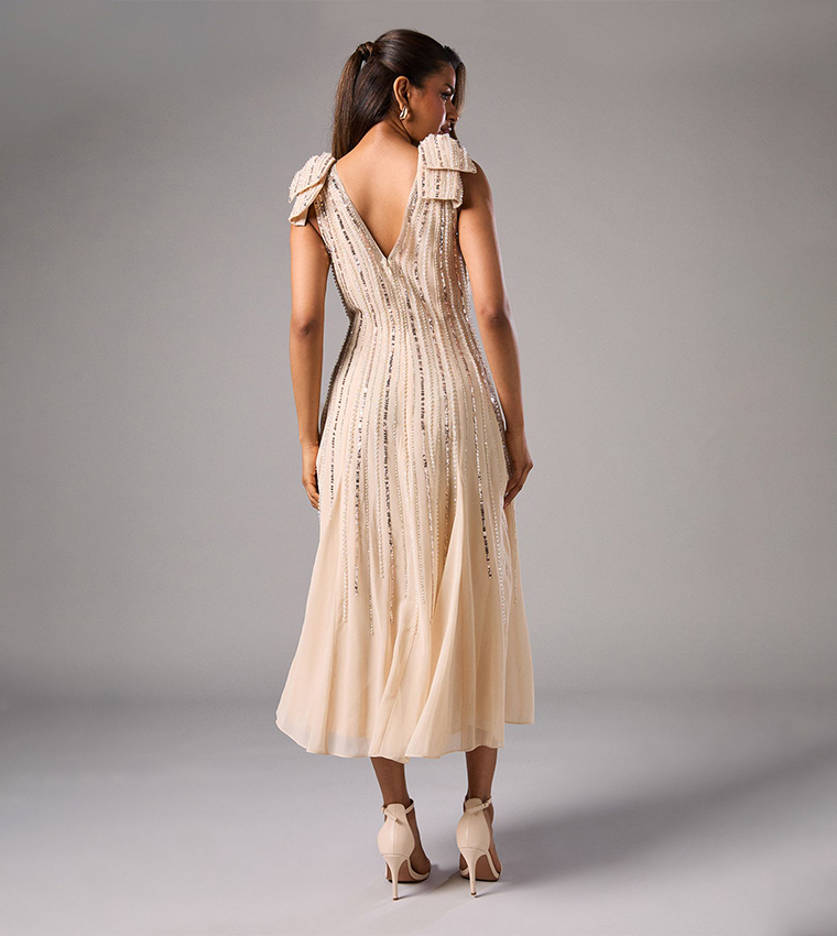 Petite Bow Shoulder Embellished Midi Dress
