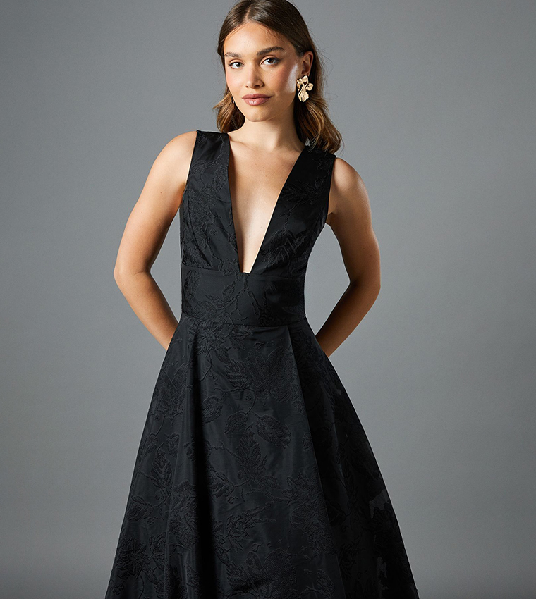 Plunge V Full Skirted Jacquard Midi Dress