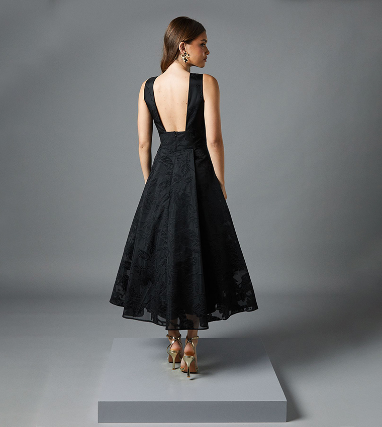 Plunge V Full Skirted Jacquard Midi Dress