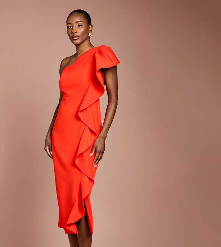 One Shoulder Ruffle Crepe Pencil Midi Dress