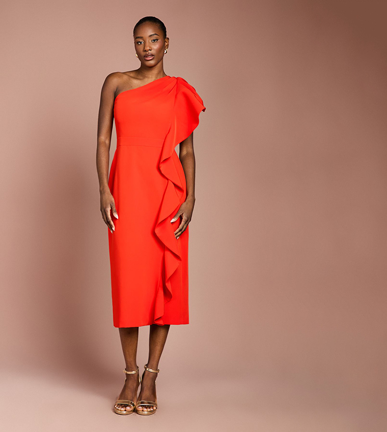 One Shoulder Ruffle Crepe Pencil Midi Dress