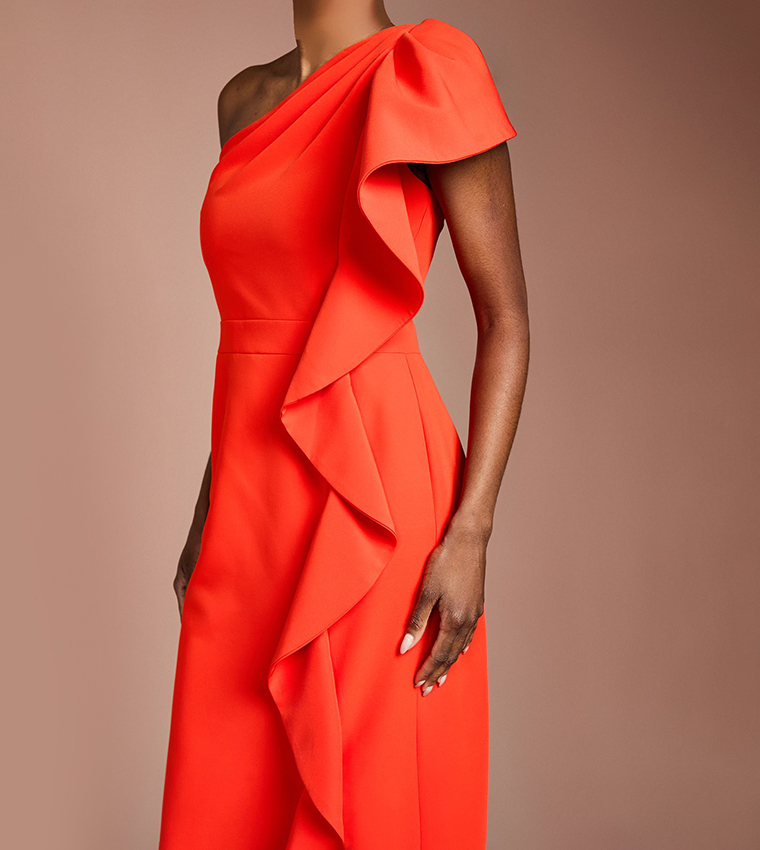 One Shoulder Ruffle Crepe Pencil Midi Dress