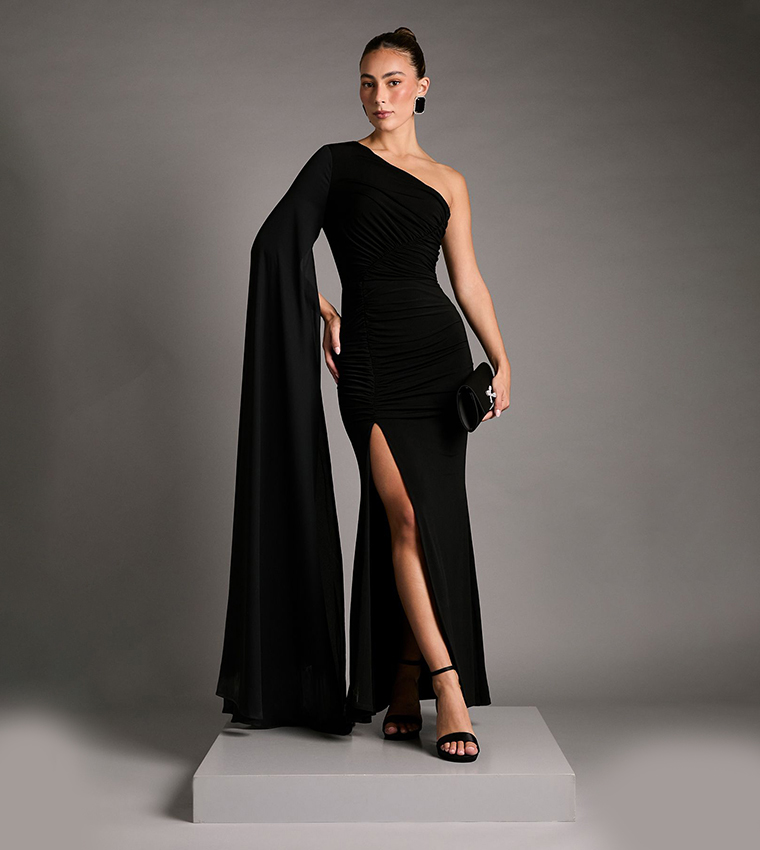 One Shoulder Slinky Maxi Dress with Ruched Detailing