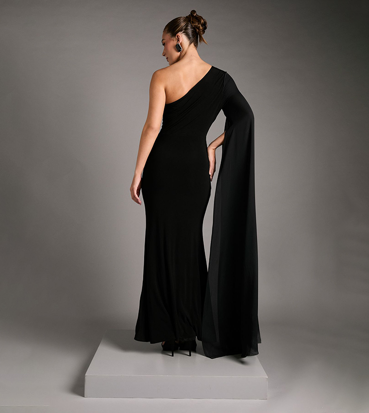 One Shoulder Slinky Maxi Dress with Ruched Detailing