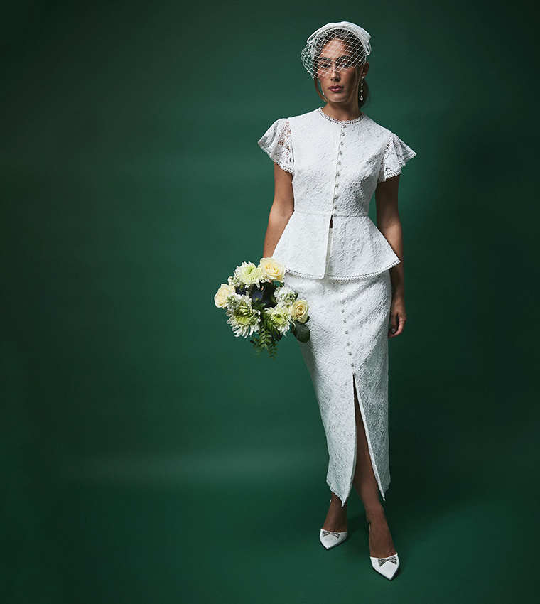 Lisa Tan Sequined Lace with Peplum Hem Bridal Top