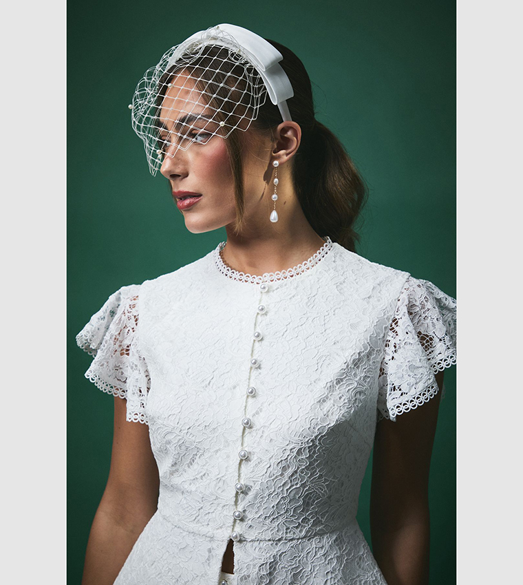 Lisa Tan Sequined Lace with Peplum Hem Bridal Top
