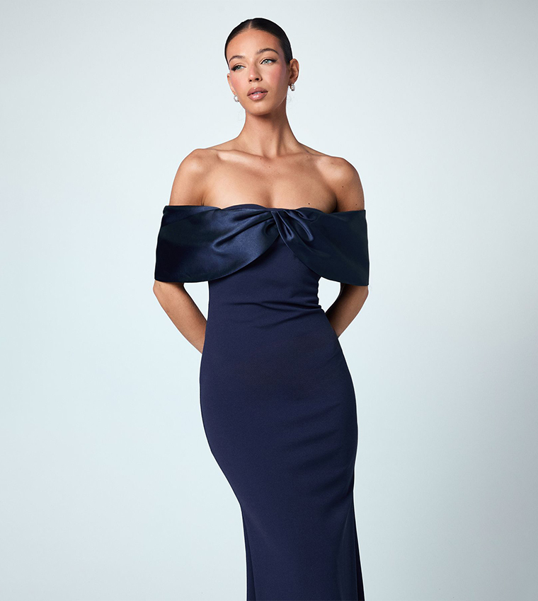Satin Scuba Off Shoulder Bridesmaids Maxi Dress