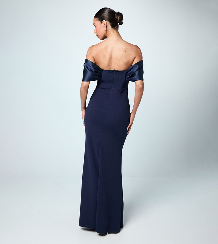 Satin Scuba Off Shoulder Bridesmaids Maxi Dress