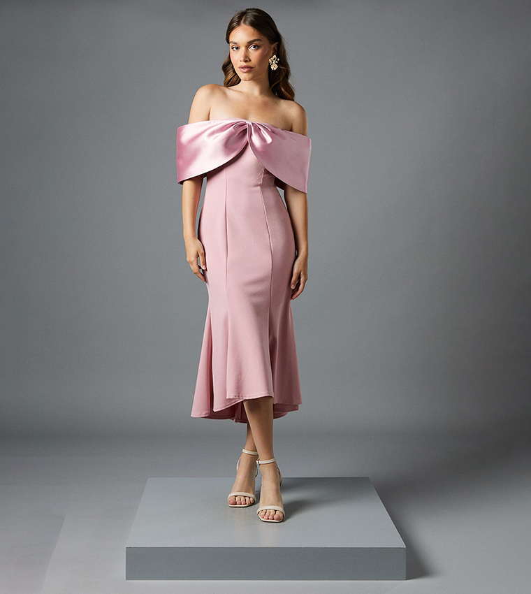 Satin Off Shoulder Midi Dress