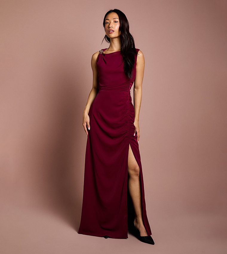 Sleeveless Ruched Maxi Dress with Buckle Detail