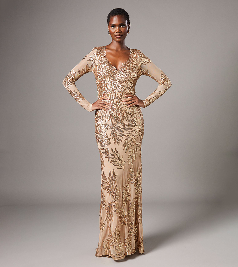 Buy Coast Long Sleeves Floral Sequined Maxi Dress In Gold