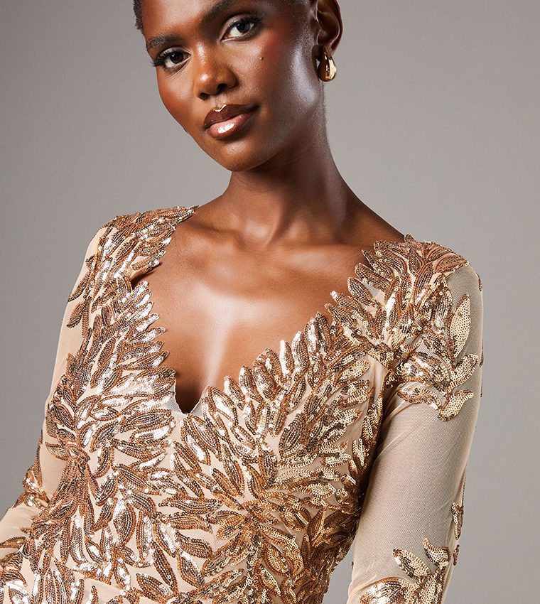 Buy Coast Long Sleeves Floral Sequined Maxi Dress In Gold | 6thstreet Saudi Arabia Buy Coast Long Sleeves Floral Sequined Maxi Dress In Gold | 6thstreet Saudi Arabia