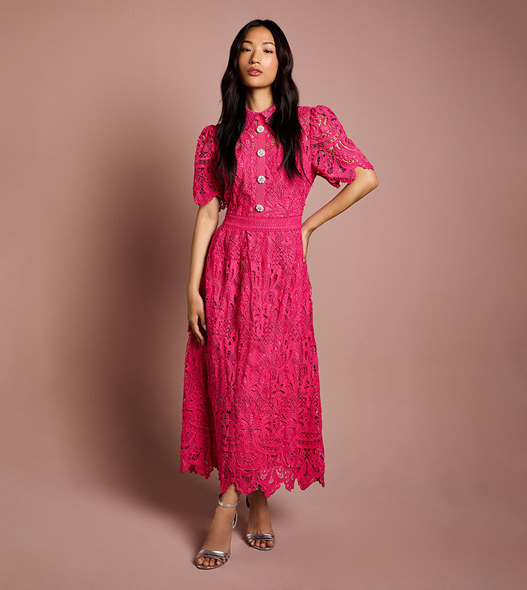 Lace Short Sleeves Collared Midaxi Dress