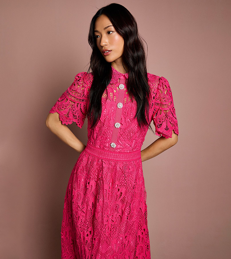 Lace Short Sleeves Collared Midaxi Dress