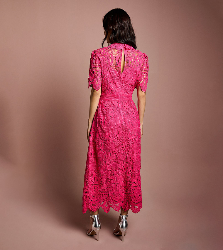 Lace Short Sleeves Collared Midaxi Dress