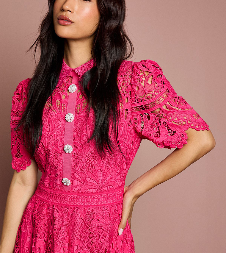 Lace Short Sleeves Collared Midaxi Dress