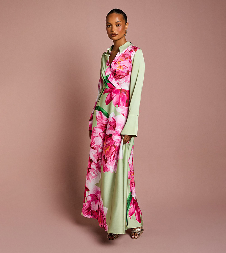 Petite Placement Print Wrap Front Maxi Dress