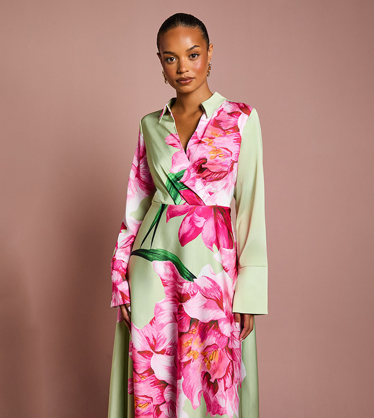 Petite Placement Print Wrap Front Maxi Dress