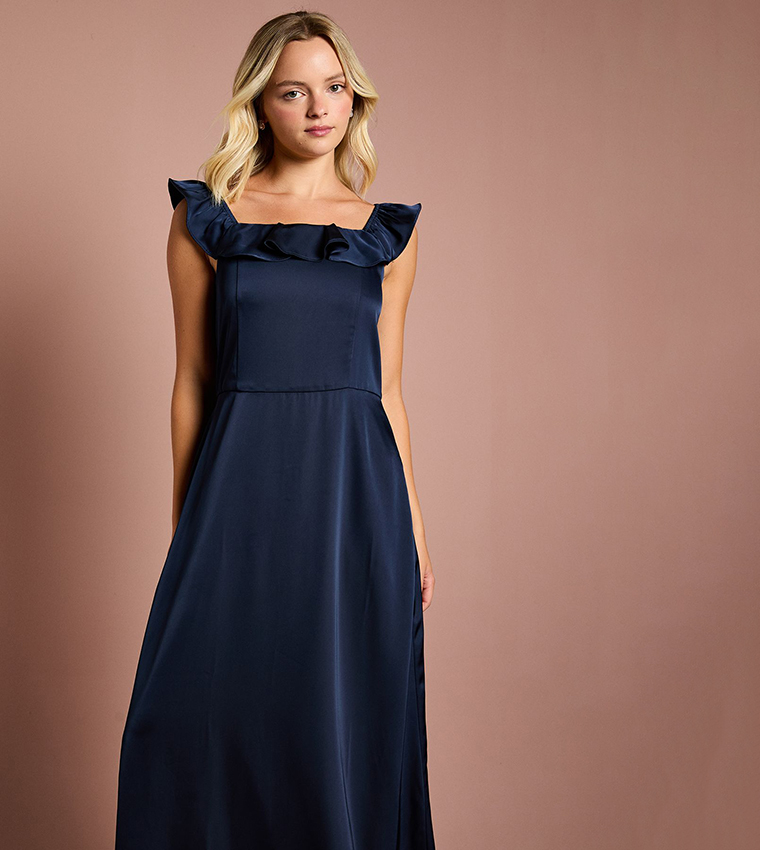 Teen Coast Ruffle Strap Satin Bridesmaid Maxi Dress