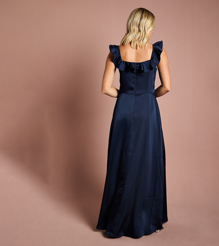Teen Coast Ruffle Strap Satin Bridesmaid Maxi Dress