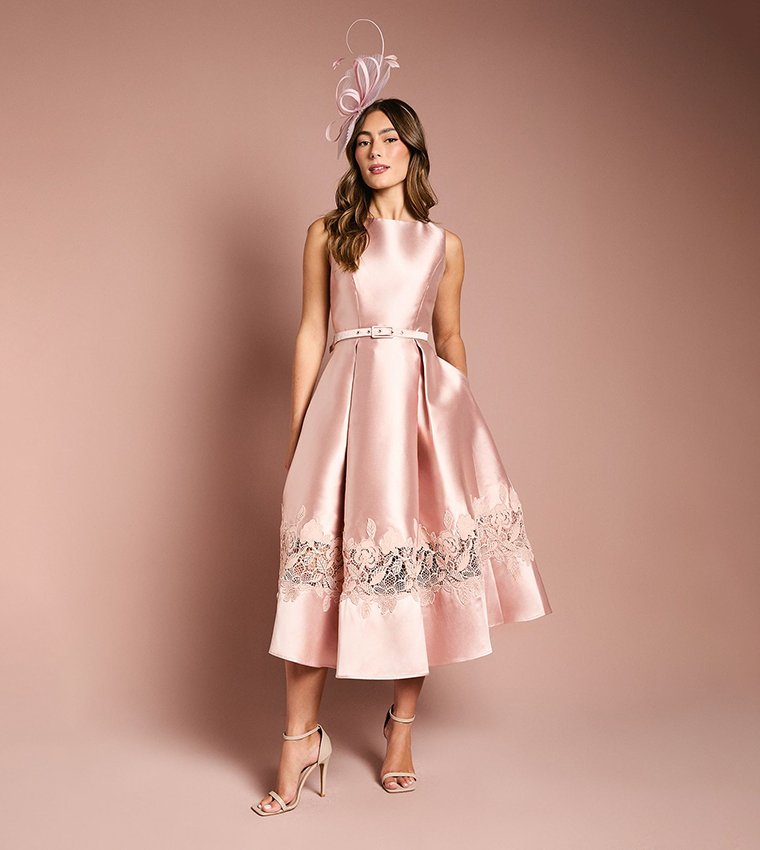 Buy Coast Sleeveless Twill Midi Dress With Lace Trim And Belt In Pink |  6thStreet Qatar