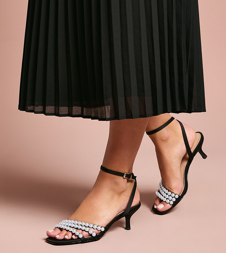Kansas Satin Pearl Detail Kitten Heel Sandals