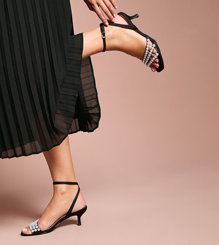 Kansas Satin Pearl Detail Kitten Heel Sandals