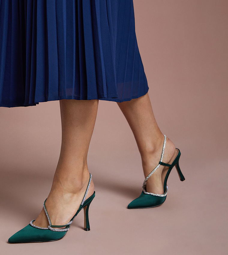 Kimmie Satin Diamante Asymmetric Strap Stiletto Heel Pumps