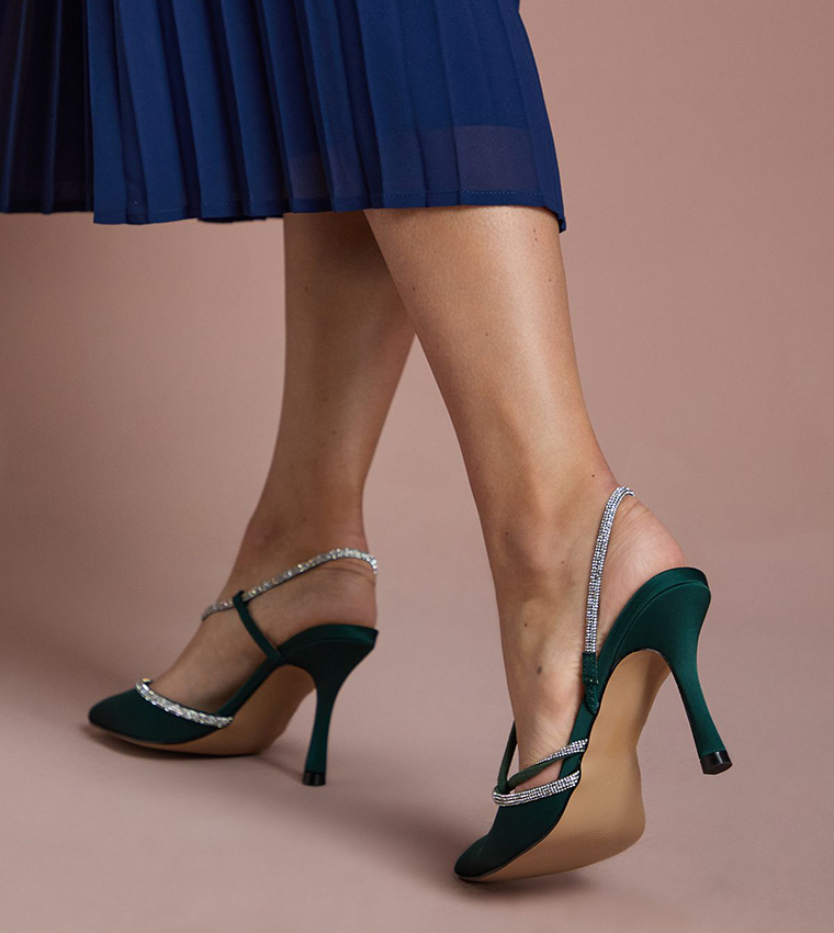 Kimmie Satin Diamante Asymmetric Strap Stiletto Heel Pumps