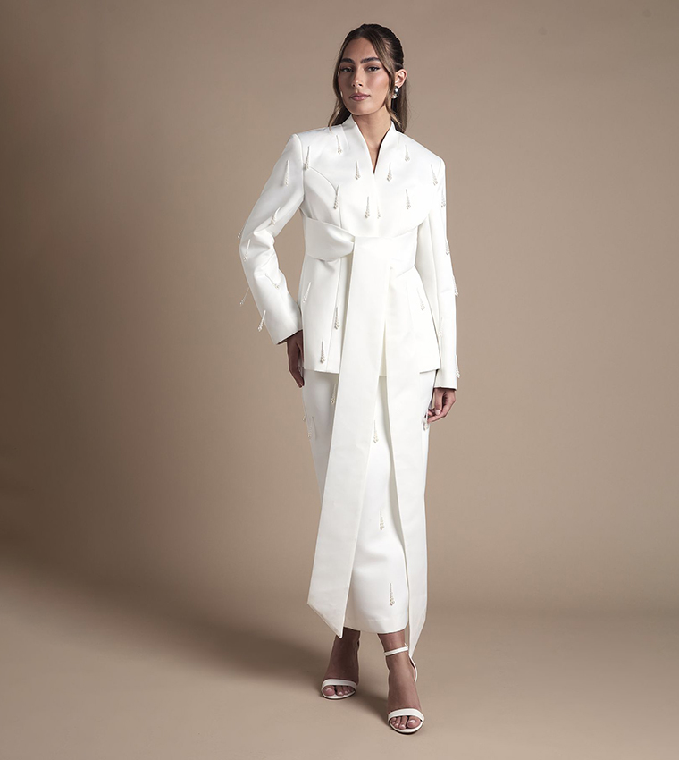 Pearl Detail Wrap Satin Bridal Blazer