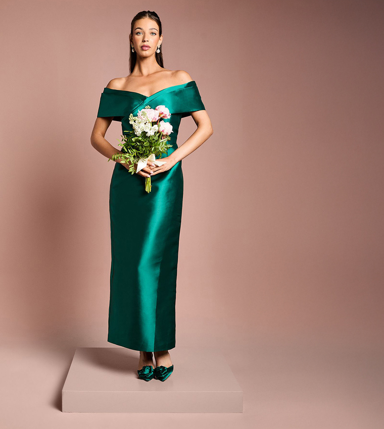 Twill Bardot Maxi Bridesmaid Dress