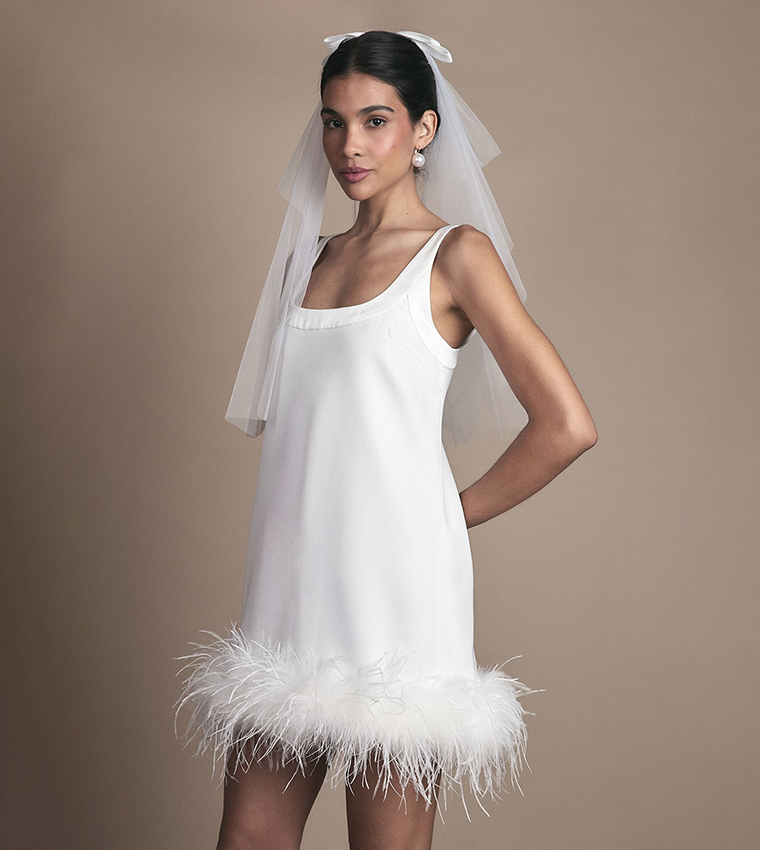 Feather Hem Mini Wedding Dress
