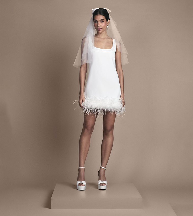 Feather Hem Mini Wedding Dress