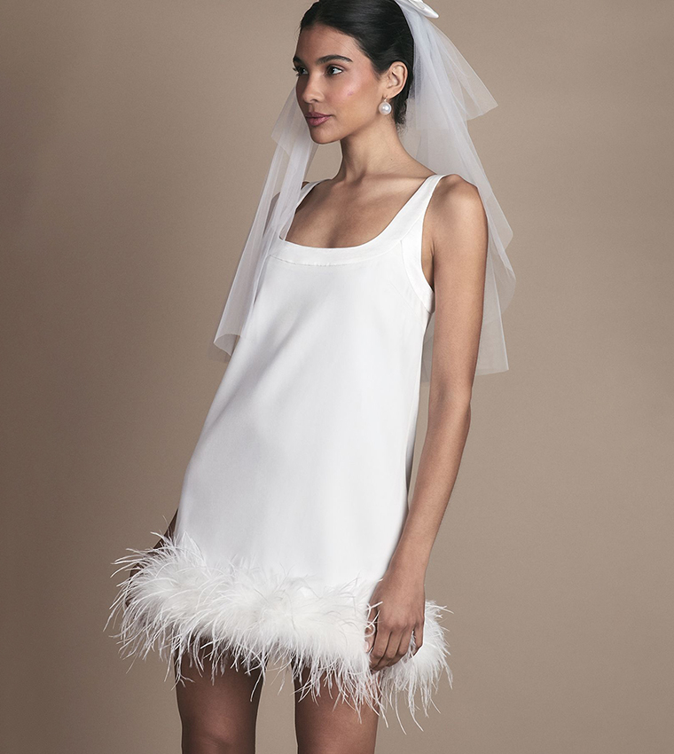 Feather Hem Mini Wedding Dress