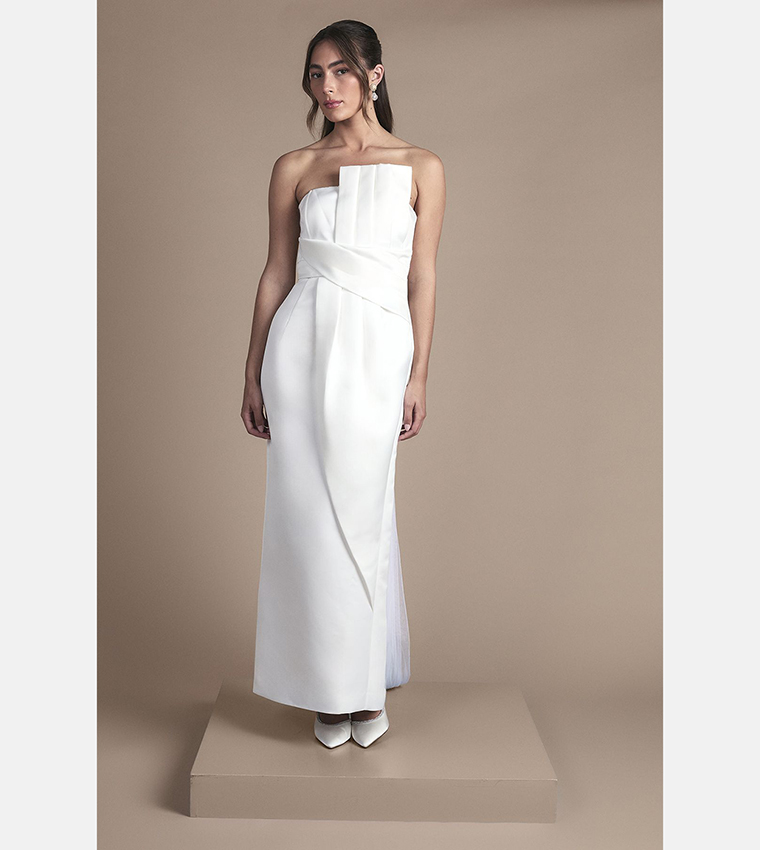 Strapless Bow and Twist Waist Detail Column Maxi Wedding Dress