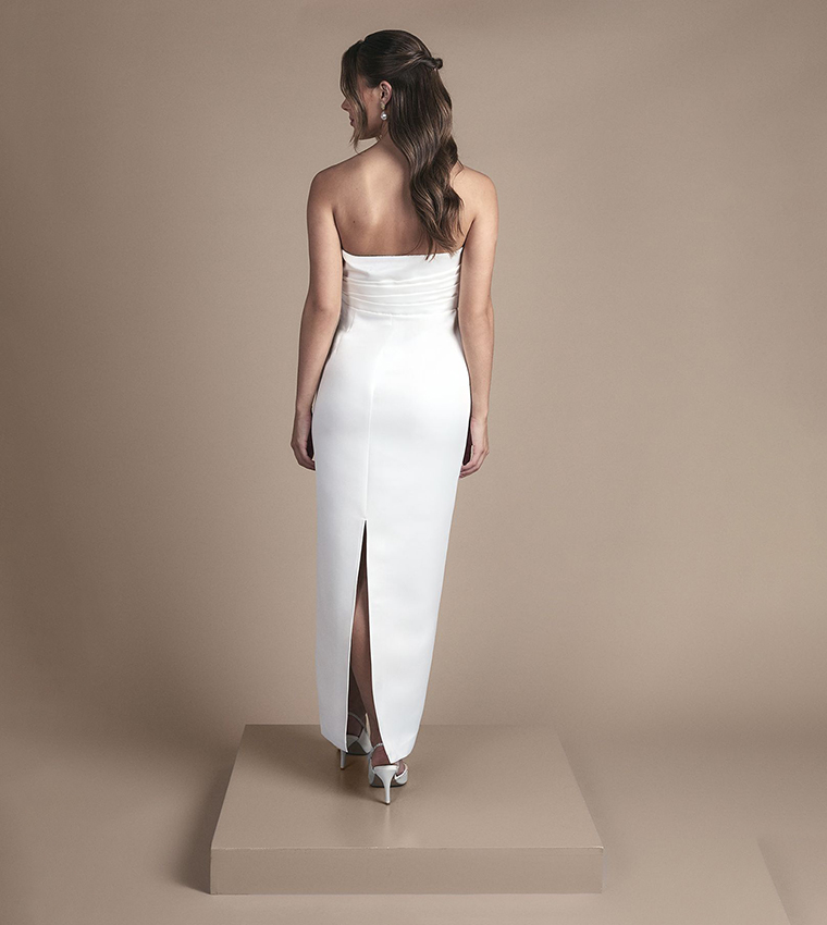 Strapless Bow and Twist Waist Detail Column Maxi Wedding Dress