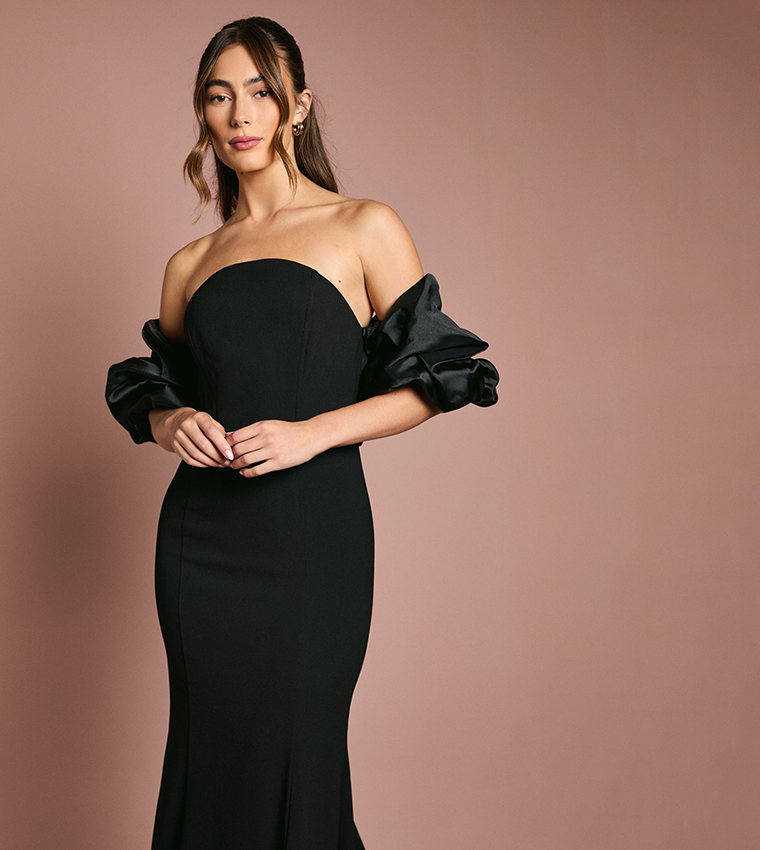 knee length dresses for ladies Black Lace Bardot Fishtail Dress – AX Paris main image 1