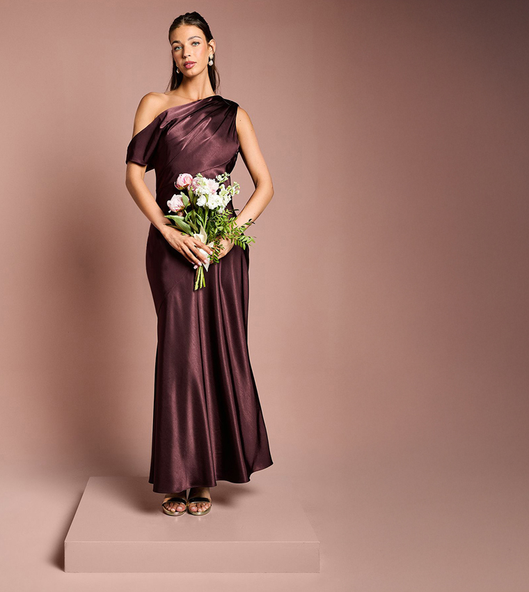 Satin Asymmetric Shoulder Bridesmaid Fishtail Maxi Dress