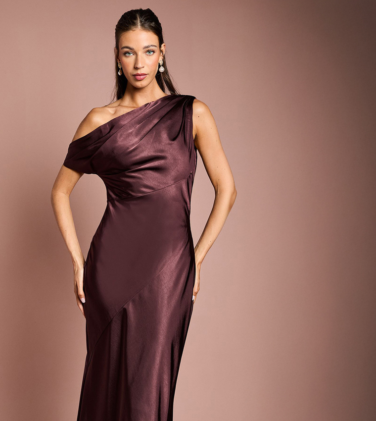 Satin Asymmetric Shoulder Bridesmaid Fishtail Maxi Dress