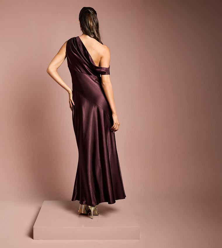 Satin Asymmetric Shoulder Bridesmaid Fishtail Maxi Dress