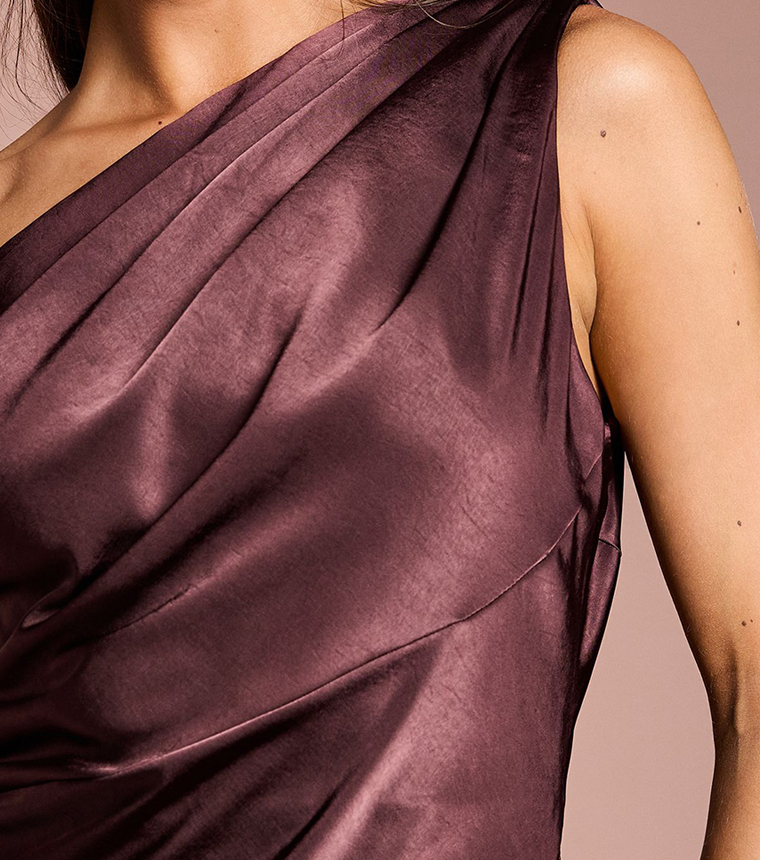 Satin Asymmetric Shoulder Bridesmaid Fishtail Maxi Dress