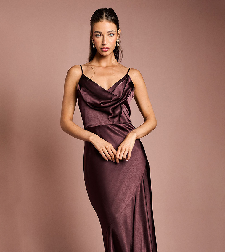 Satin Strappy Cowl Neck Fishtail Maxi Bridesmaids Dress