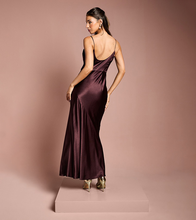 Satin Strappy Cowl Neck Fishtail Maxi Bridesmaids Dress