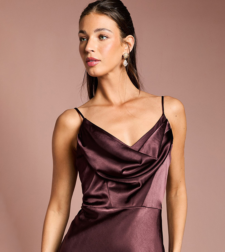 Satin Strappy Cowl Neck Fishtail Maxi Bridesmaids Dress