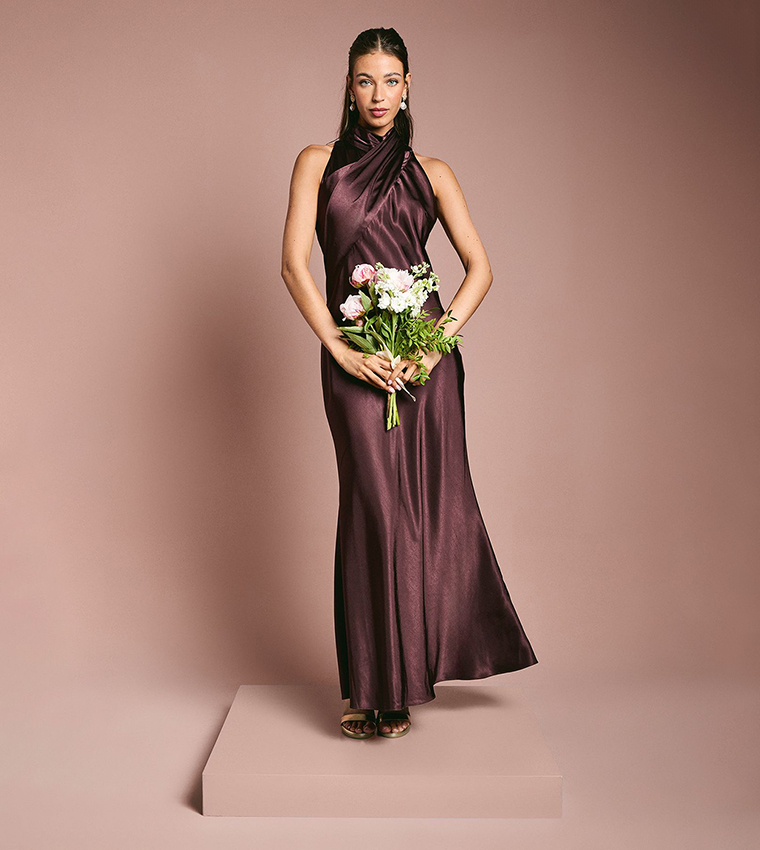 Satin Bias Cut High Neck Fishtail Bridesmaid Maxi Dress