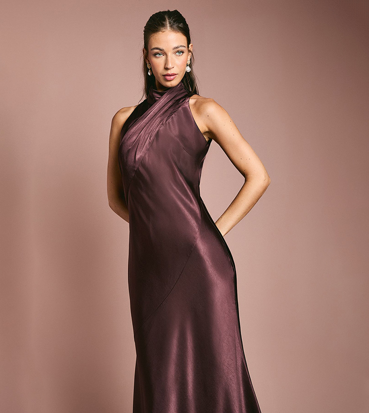 Satin Bias Cut High Neck Fishtail Bridesmaid Maxi Dress